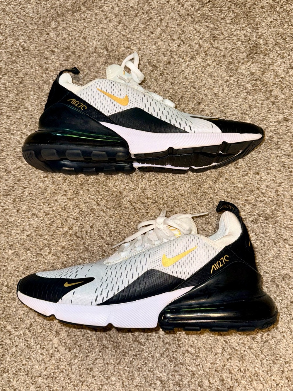 Nike Air Max 270 White Black Metallic Gold Running Shoes Men’s Size 10